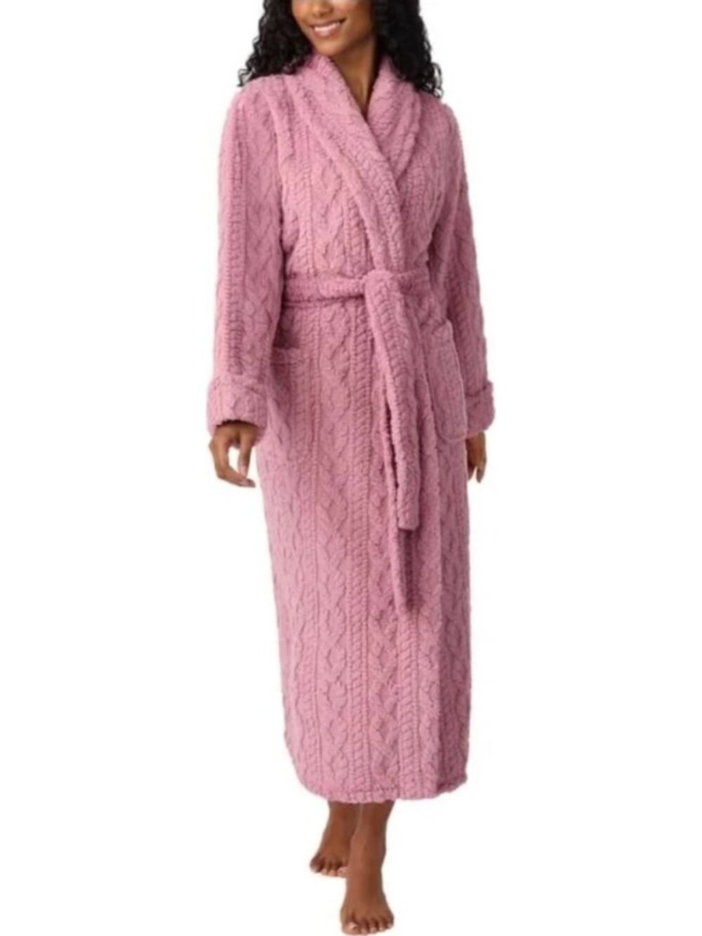 NWT Room Service Women's S Pink Cozy Wrap Robe Cable Knit Textured